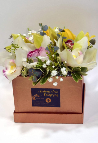 Σύνθεση με Ορχιδέες Συμπίτιουμ σε Μπρονζέ Κουτί Πολυτελείας - Λουλούδια σε Κουτί - Τιμή 25€